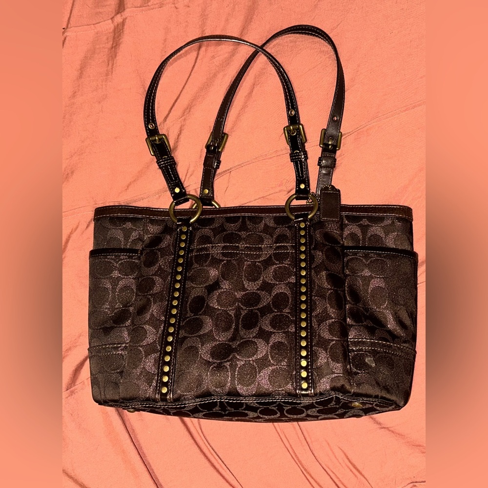 Coach Brown Lurex Jacquard Leather Signature Tote Bag